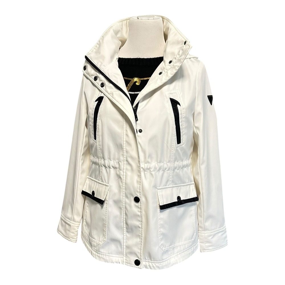 GUESS Women's M White Hooded Anorak Utility Jacket Black Trim Drawstring‎ Waist